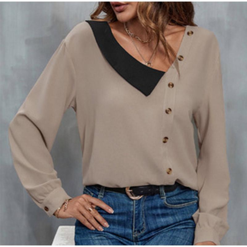 Женская осенняя блузка, модная, с V-образным вырезом, шикарная, с длинным рукавом, для поездок на работу, свободная посадка, повседневный женский пуловер