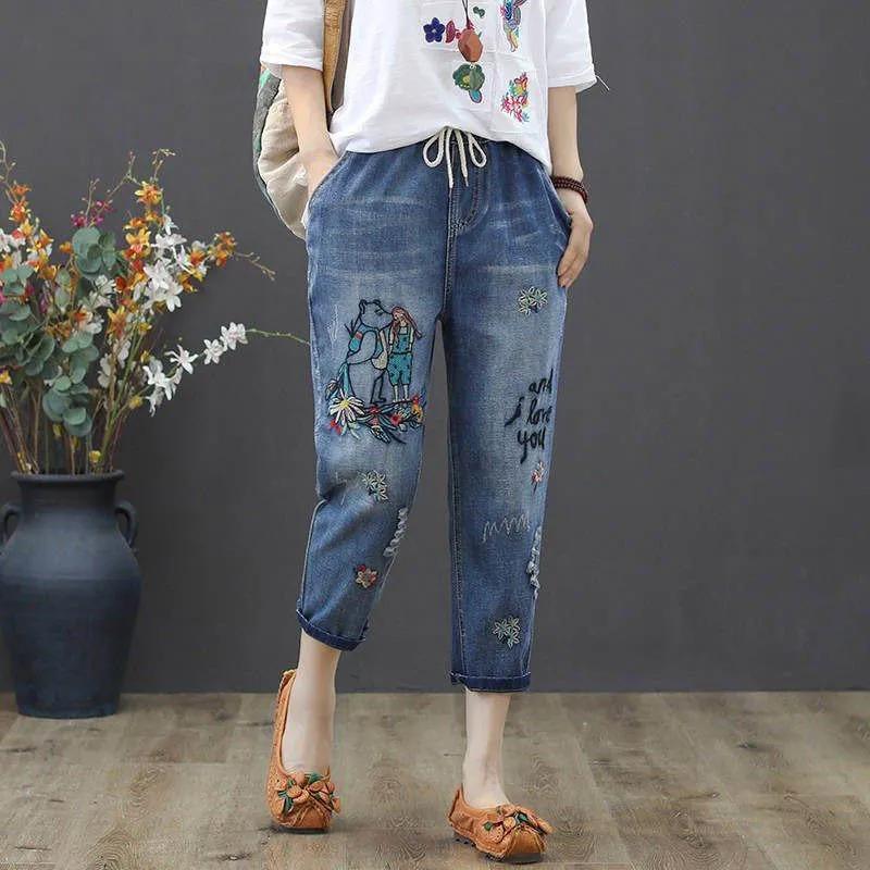 Embroidery Ankle-Length Baggy Jeans Elastic High Waist Capris Lace Up Harem Denim Pants Women Oversized Pantalon