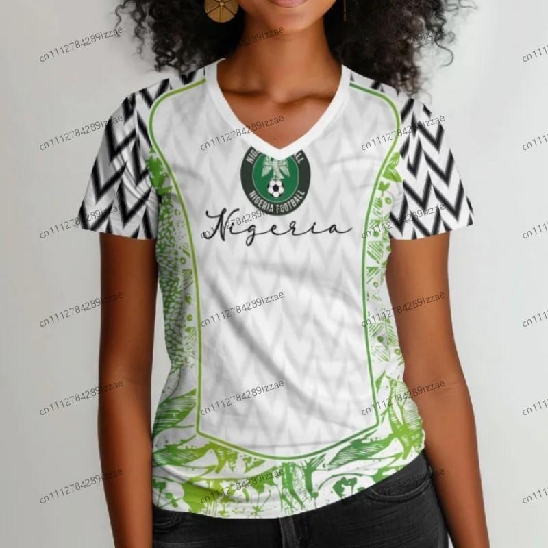 Nigeria Inspired Soccer Fan T Shirt Women Green White Eagle Pattern V Neck Short Sleeve Casual Supporter Top