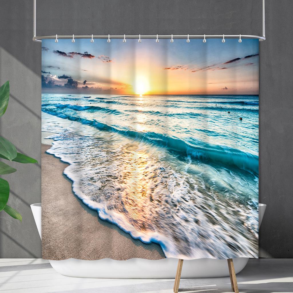 Shower Curtain Waterproof And Mildew-Proof Coconut Tree Beach Beach Bathroom Shower Curtain Shower Curtain Partition Curtain Free Punching