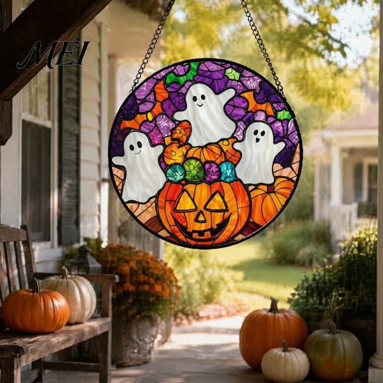 Halloween Window Decorations Stained Glass Suncatcher Ornament, Vintage Hanging Decor with Pumpkin Ghost Bat Witch Unique Holiday Art Hat Pattern,