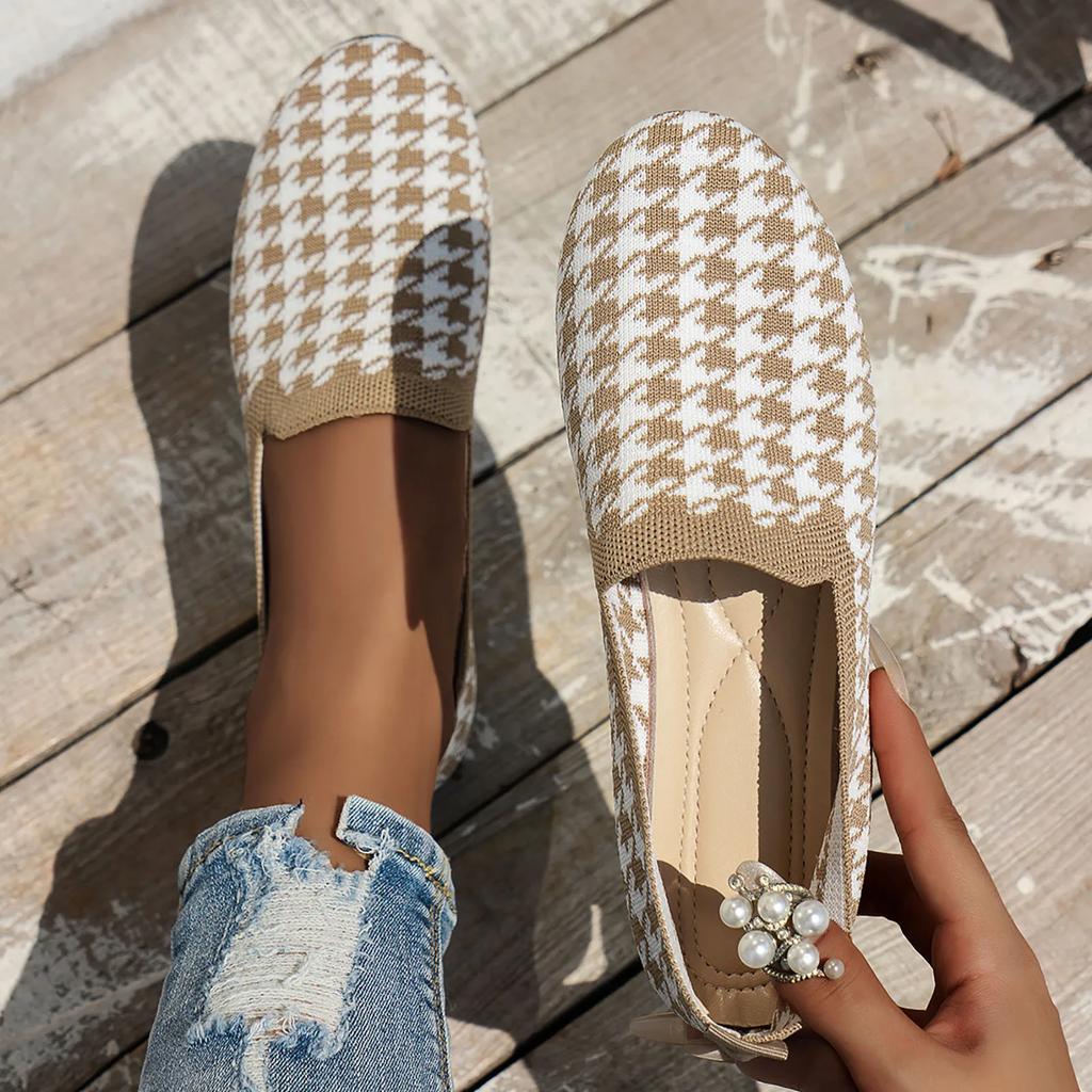 2025 Круглые Туфли На Плоской Подошве Женская Спортивная Обувь С Небольшим Носом Женские Трикотажные Сандалии Для Ходьбы Больших Размеров Мокасины С Клетчатым Принтом