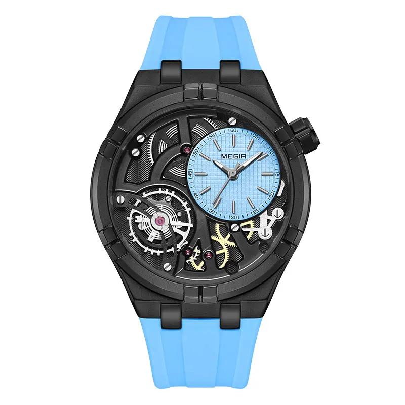 MEGIR Orange Sport Analog Watch for Men Fashion Waterproof Quartz Wristwatch with Luminous Hands Silicone Strap