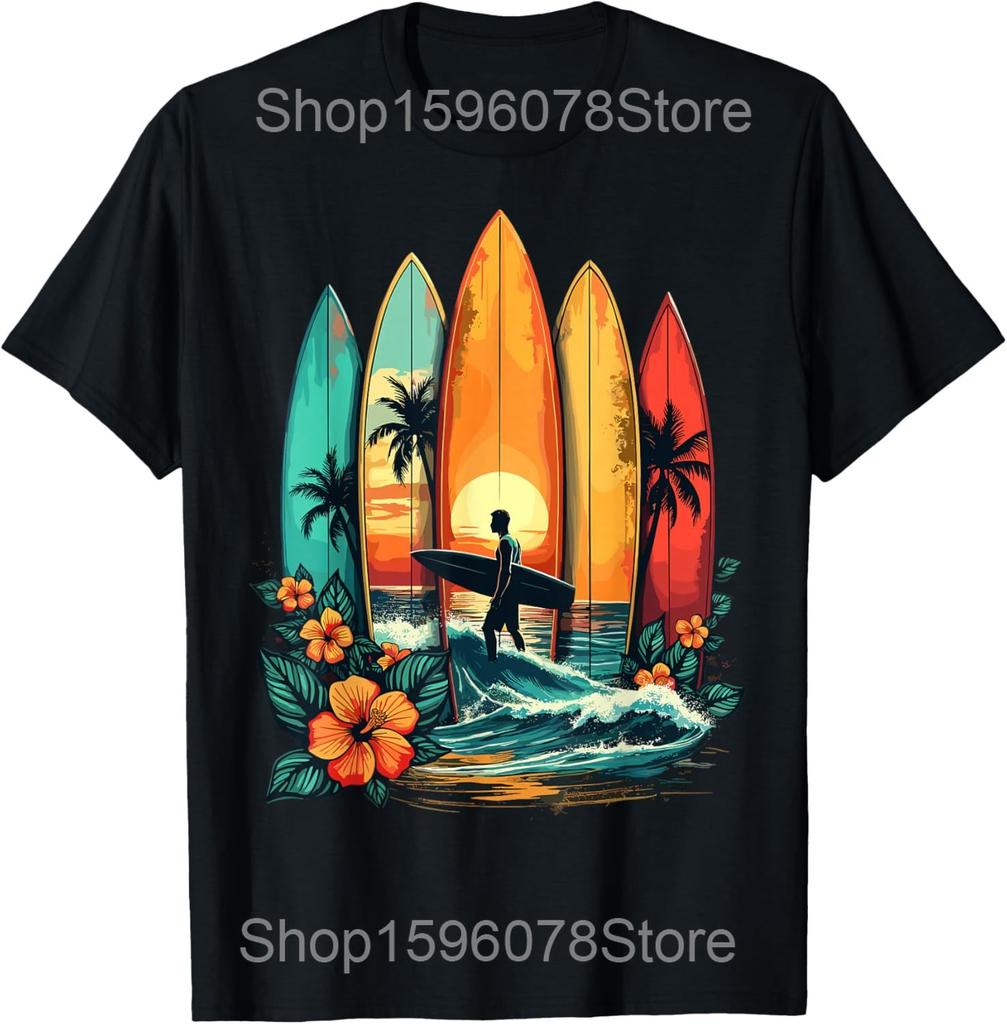 Surfboard Vintage Surfing Surfers Wave Lover Beach T Shirts Men Streetwear Tee Short Sleeve Unisex Loose Clothing