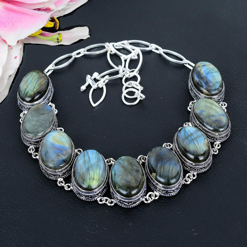 Labradorite Gemstone Handmade 925 Sterling Silver Jewelry Necklace 18" KG-1630