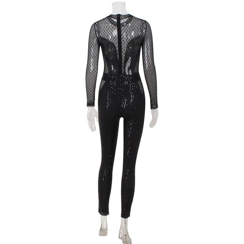 Womens Sexy Mesh Patchwork Sequin Slim Fit Long Sleeve Jumpsuit Fashion Party Outfit