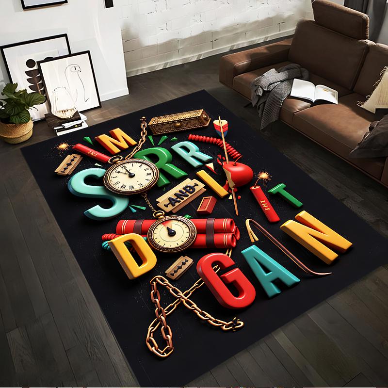 Colorful Lettered Carpet with Clocks, Chains, Dynamite Design on Black Suitable for use as an anti-slip for living room bedroom sofas