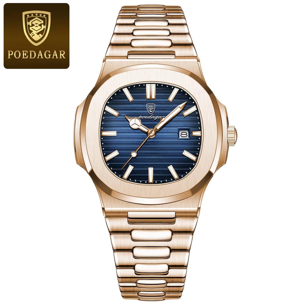 POEDAGAR 613 Luxury Casual Watch Fashion Square Dial Stainless Steel Calendar Luminous Waterproof Men Watch for Male Reloj Clock