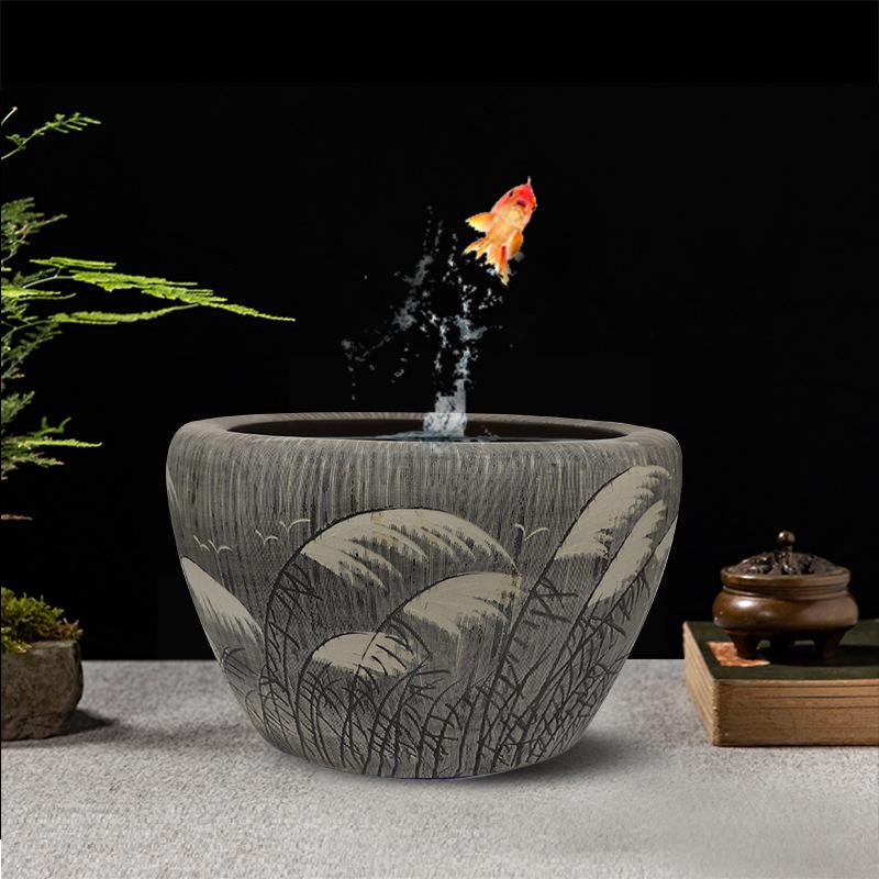 Jingdezhen Retro Goldfish Bowl: Large Ceramic Fish Tank with Water Lily and Lotus Design for Balcony or Courtyard