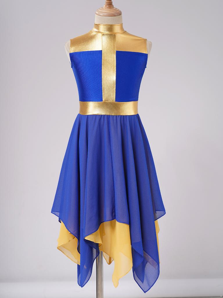 Girls Worship Dance Dress Sleeveless Chiffon Hem Contrast Design Cross Print Praise Lyrical Performance Costume