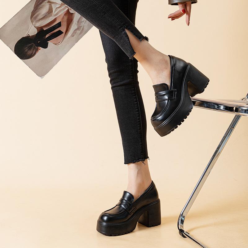 Увеличивающие внутреннюю высоту небольшие кожаные туфли с круглым носком на платформе женские черные туфли с одной педалью толстый каблук британский стиль
