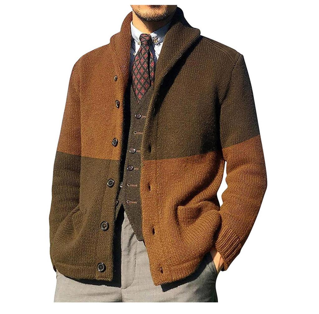 Кардиганы, свитера для мужчин, повседневная шаль с длинным рукавом, цветные блоки, трикотажные свитера на пуговицах