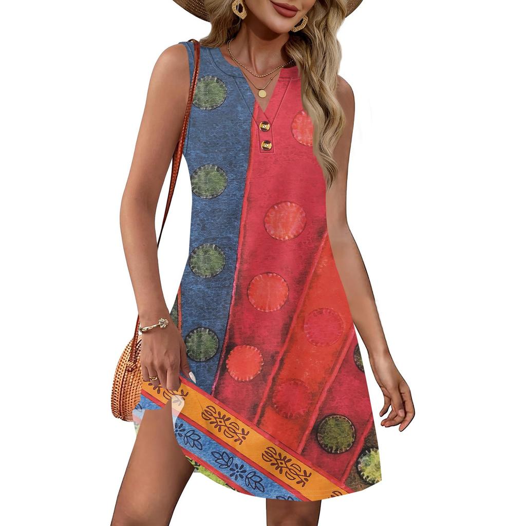 Женское модное ретро-платье в стиле пэчворк с цветными блоками, V-образным вырезом, застежкой на пуговицы и карманом, пляжное летнее платье для отдыха