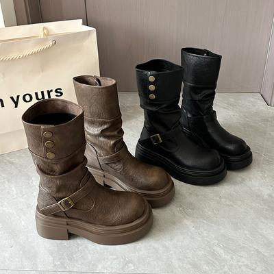 Черные высокие сапоги осень и зима толстая подошва сапоги женские 2025 новые бархатные увеличивающие рост маленькие толстоногие сапоги-рыцари