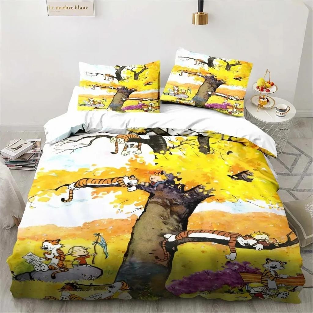 Мультяшный комплект постельного белья с 3D-принтом «Кельвин и Хоббс», односпальный, полутораспальный, двуспальный, королевский размер, кинг-сайз, комплект для кровати, подарок для взрослых мальчиков, постельное белье для спальни