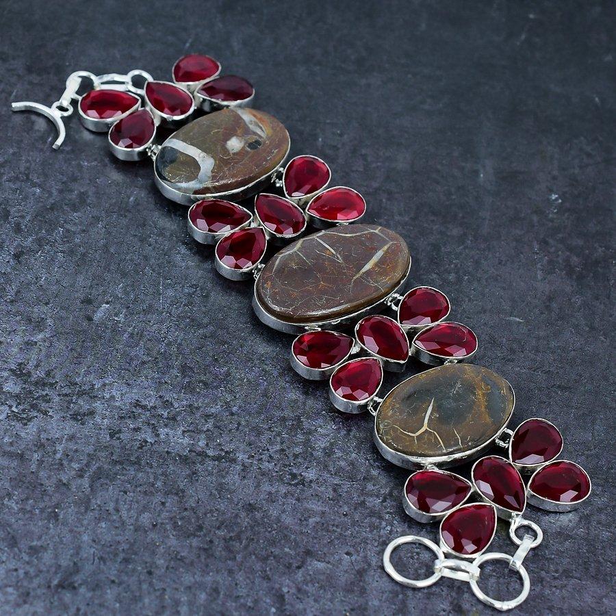 Natural Mud Crack Fossil, Garnet Gemstone 925 Sterling Silver Bracelet 7-8" G0J62