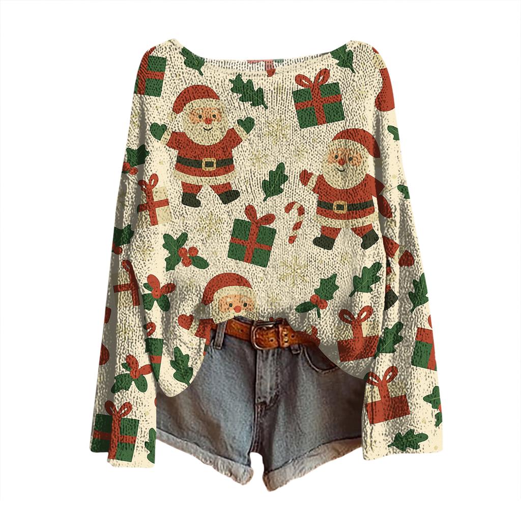 Women's Christmas Print Lightweight Sweater Casual Long Sleeve Knitted Pullover