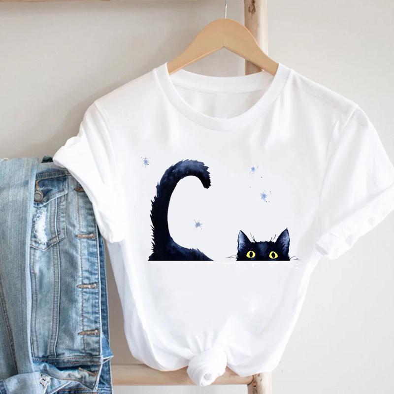 Женская футболка с принтом Love Heartbeat, милый кот, летняя модная футболка с коротким рукавом, женская женская одежда, повседневная футболка с рисунком