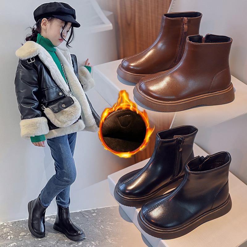 Children Fashion Boots Simple Style Girls Ankle Boot Causal Black Kids Short Leather Boots Side Zipper Autumn Winter 2024 New