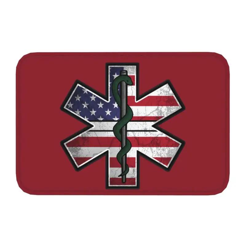 Emt Star Of Life Front Door Mat Anti-Slip Outdoor Absorbent Paramedic Medic Ambulance Doormat Kitchen Balcony Rug Carpet