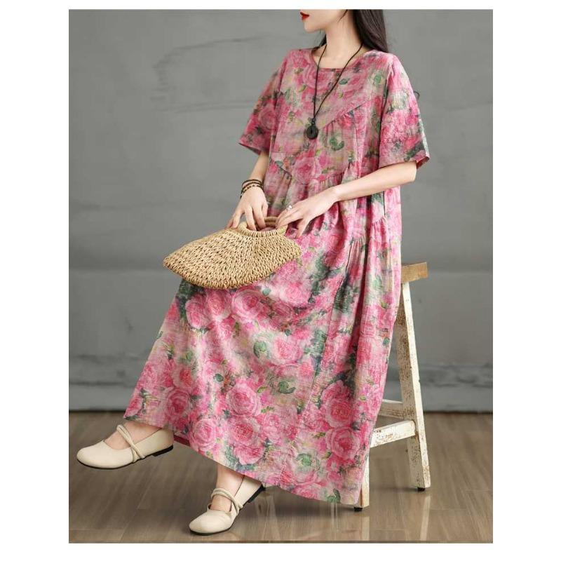 Ретро хлопково-льняное платье с круглым вырезом и короткими рукавами для женщин, свободная А-силуэтная юбка