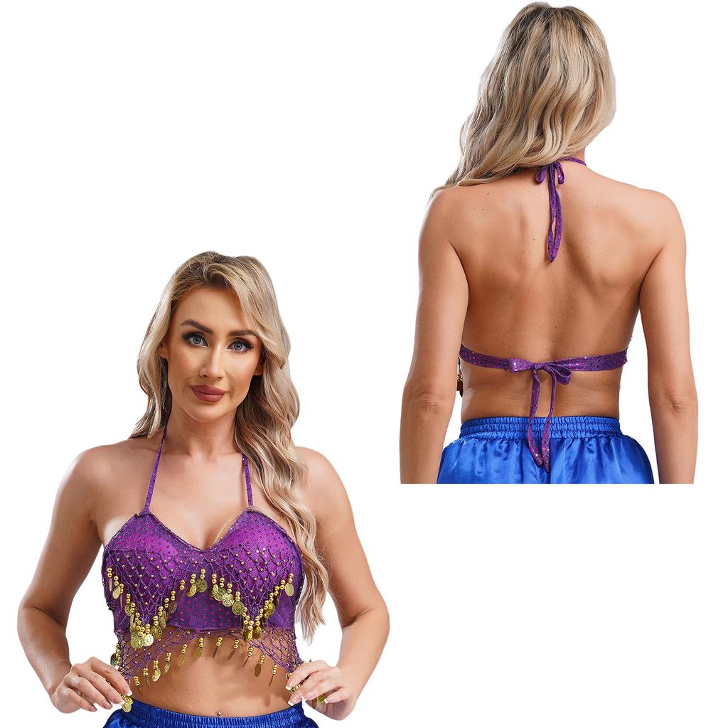 Женский бюстгальтер-топ для танца живота с бретельками через шею, сетка из пайеток, пластиковые бусины, четкие кисточки, шнуровка, укороченный топ для танцев, костюм для выступлений