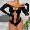 Sexy Lingerie Rhinestone Shiny Long Sleeve Fishnet Clothes Bodystocking Lingerie