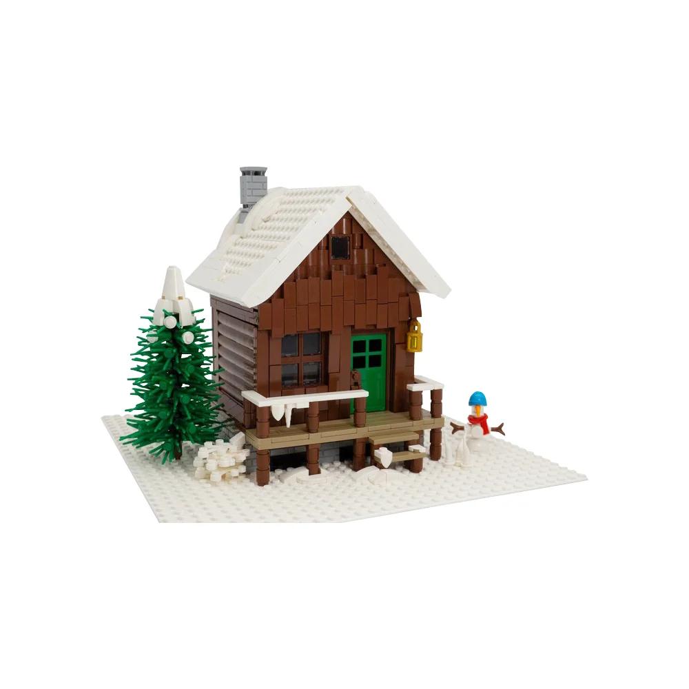 Gobricks MOC Снежный Зимний Домик Модель из Кубиков Креативный Уличный Пейзаж Рождественский Дом Хижина Строительные Блоки Снежинка Дерево Игрушки