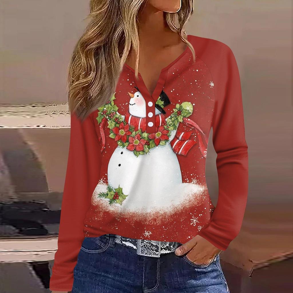 Женская мода повседневная рождественская печать V-образный вырез рукава реглан с декоративными пуговицами длинный рукав футболка топ