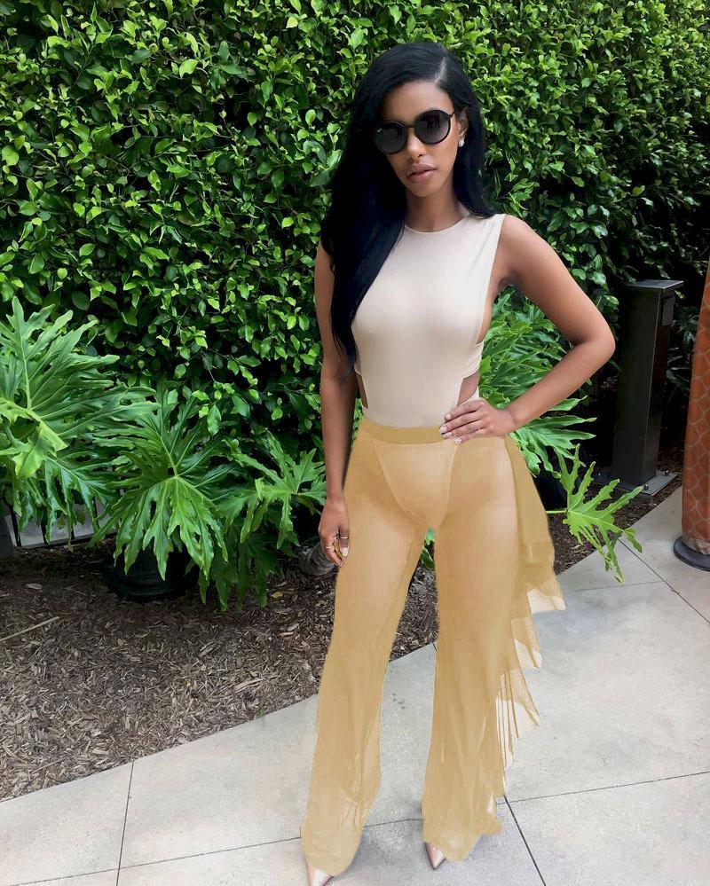 Широкие прозрачные брюки в европейском и американском стиле с оборками