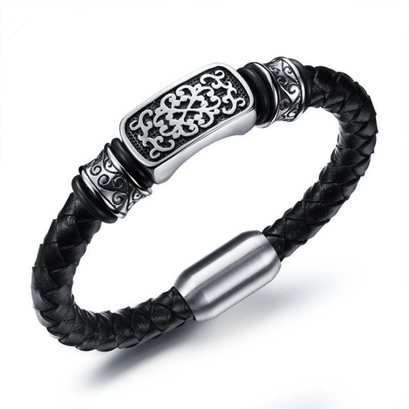 New Fashionable Personalized Trendy Casting Retro Pattern Splicing Braided Leather Rope Magnetic Buckle Bracelet Mens Jewelry