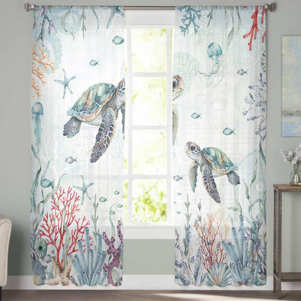 Летние Океан Коралловая Морская Звезда Морская Черепаха Тюлевые Оконные Шторы для Спальни Роскошный Домашний Декор Драпировки в Гостиной Шифоновые Панели