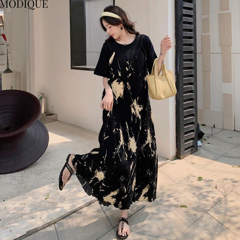 MODIQUE Summer Plus Size New Women Loose Elegant Pleated Floral Slip Mock Two-Piece Long Dress Female Short Sleeve O-Neck Dresses
