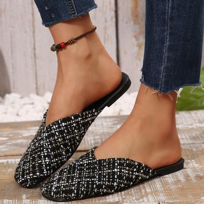 Женские тапочки 2025 Новая элегантная обувь Женские квадратные тапочки с закрытым носком на плоской подошве Женские повседневные кожаные сандалии-слайды больших размеров Женские