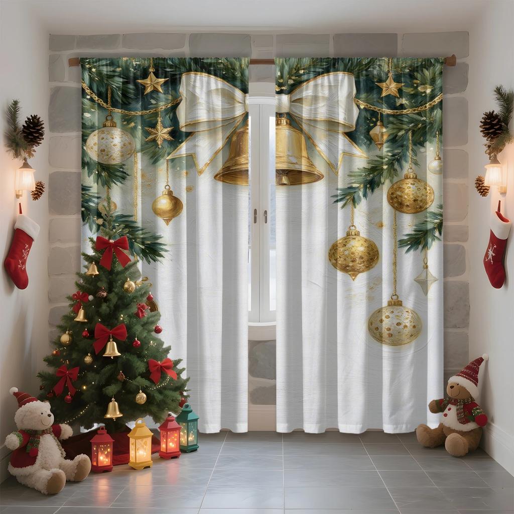 2 шт. Роскошные золотые рождественские шторы с орнаментом и бантом, Дизайн для светоблокировки, Премиальный материал, Подходят для Ч
