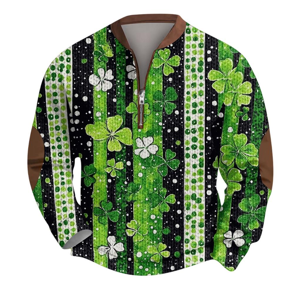 Мужской рождественский свитер на молнии, винтажный вязаный графический свитшот St. Пуловер с воротником-стойкой на День святого Патрика