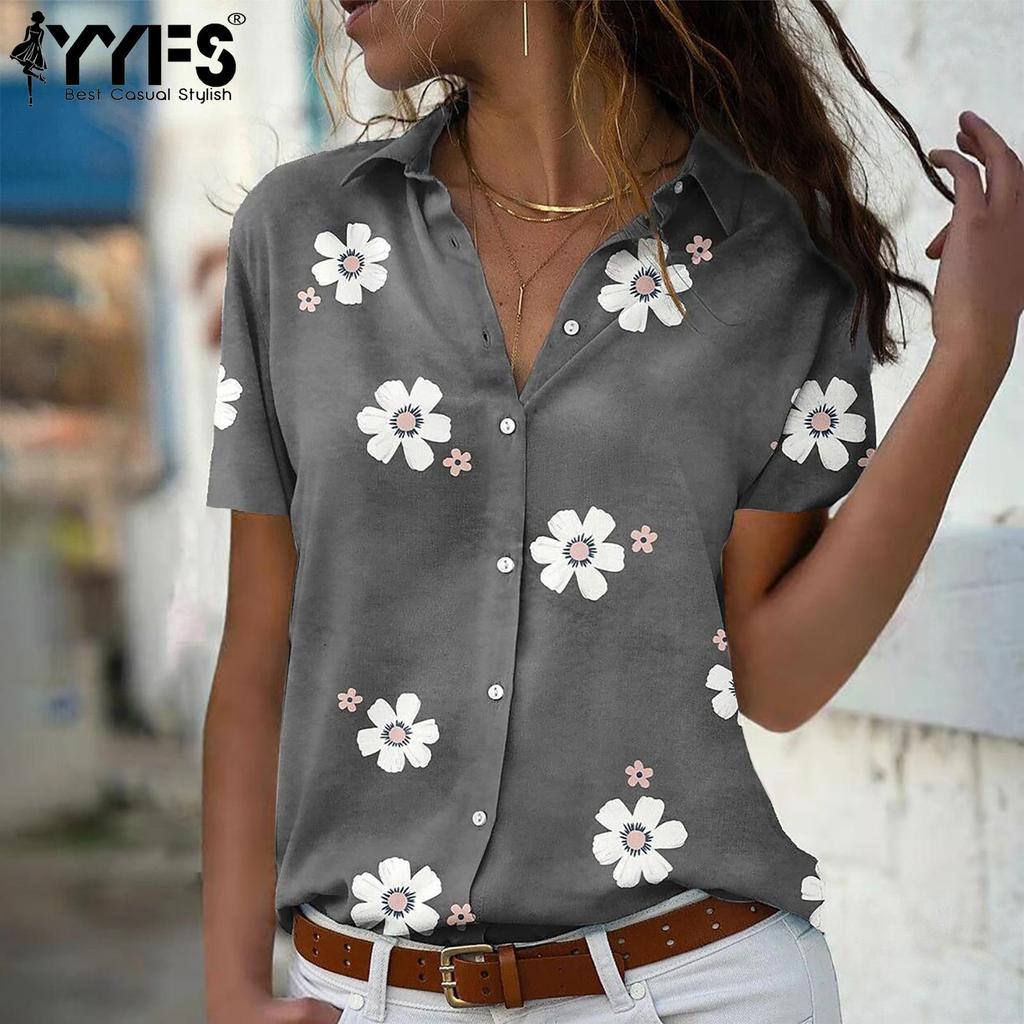 YYFS Женские модные повседневные летние весенние цветочные узоры с короткими рукавами и воротником-поло, блузки и рубашки