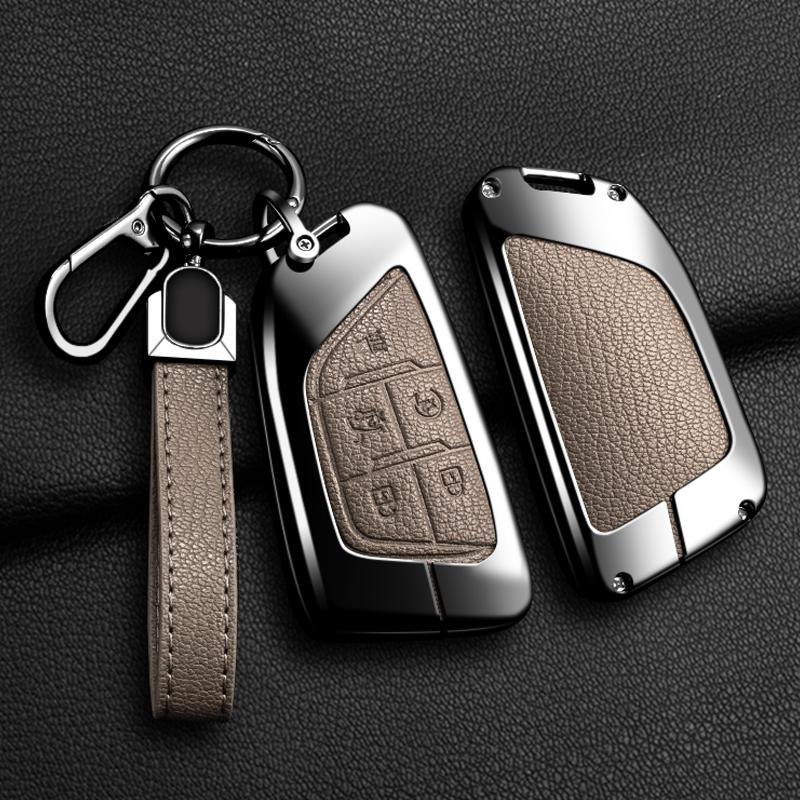 Zinc Alloy + Leather 5 Buttons Car Key Case Cover Fob Holder Shell for Cadillac CT4 CT5 CT4-V C8 Corvette 2020 2021 Escalade
