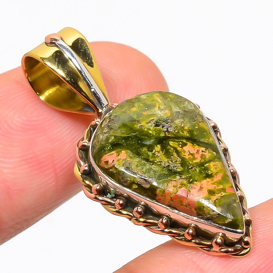 Подвеска из натурального драгоценного камня унакит из двухцветного стерлингового серебра 925 пробы 1,50'' Q7A78