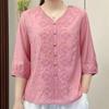 Summer Women's Vintage Embroidery Cotton Linen V-neck Mid Sleeve Casual Loose Fit Women's Clothing