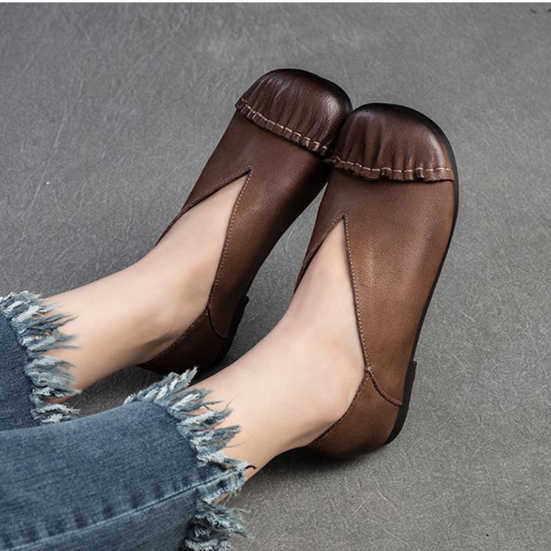 Johnature Туфли на плоской подошве из натуральной кожи в стиле ретро, ​​повседневные однотонные женские туфли без шнуровки на мягкой подошве с круглым носком