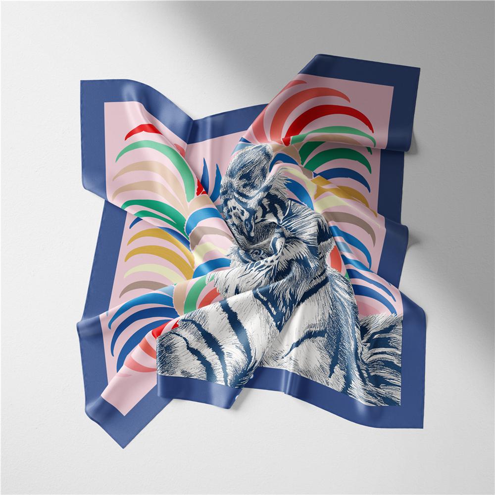 Twill Silk Scarf Women Indian Tiger Print Square Scarves Wraps Bandana Small Hijabs Silk Foulards Tie Headband Neckerchief 53CM