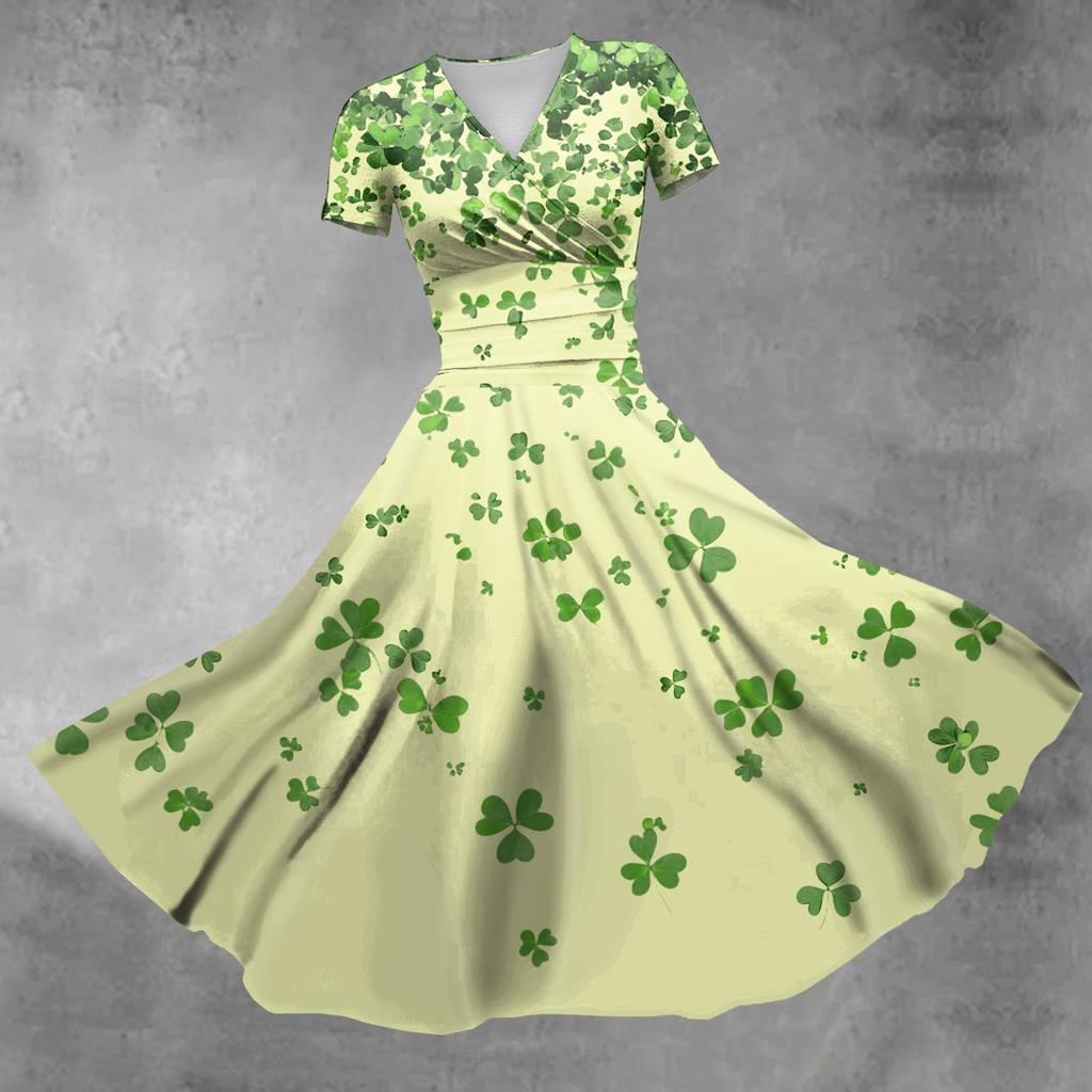 Women's V-neck St. Patrick's Day Printed Waisted Shirred Short Sleeve Dress