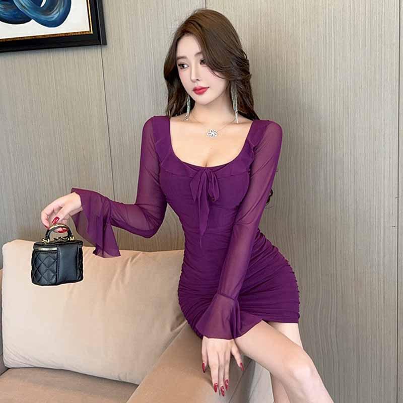 MM Women's French Sexy Long-sleeved Mesh Hip-wrapped Dress Tide