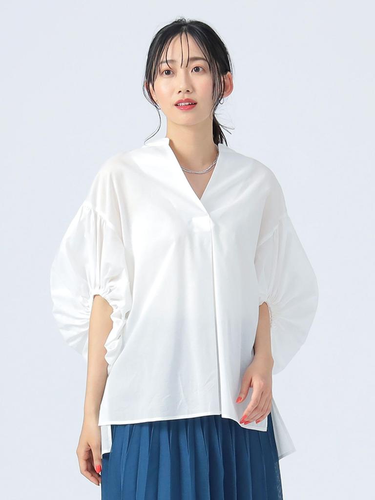 Beams Heart Shirt with Gathered Sleeves and Skipper OFF One Size Women's S/S Top, WHITE,