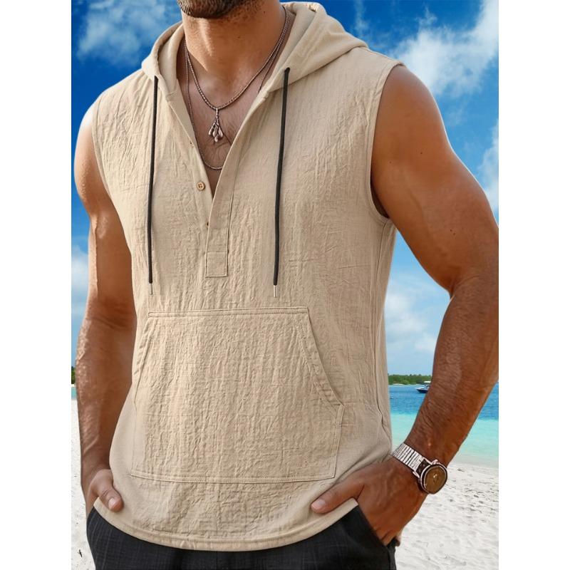 Men Hooded Drawstring Half Button Sleeveless Pocket Linen Vest
