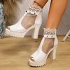 Fashion Breathable Lace Mesh Slip-On Sandals New Open-Toe High Heel Chunky Heel Women Shoes Soft Leather Zipper Closure Sandals Women