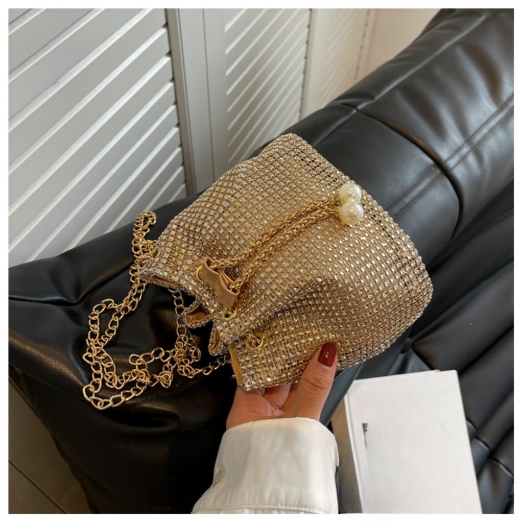 Bucket Bag Korean Version Western Style Chain Shoulder Crossbody, Armpit Water Drill Drawstring Bag