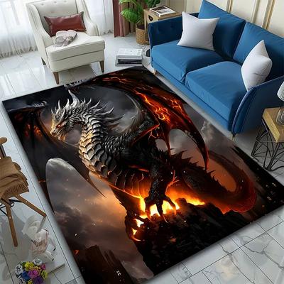 "Fiery Black Dragon In Dark Castle Scene" Patterned Carpet, Suitable As a Non Slip Play Mat for the Living Room and Bedroom Sofa
