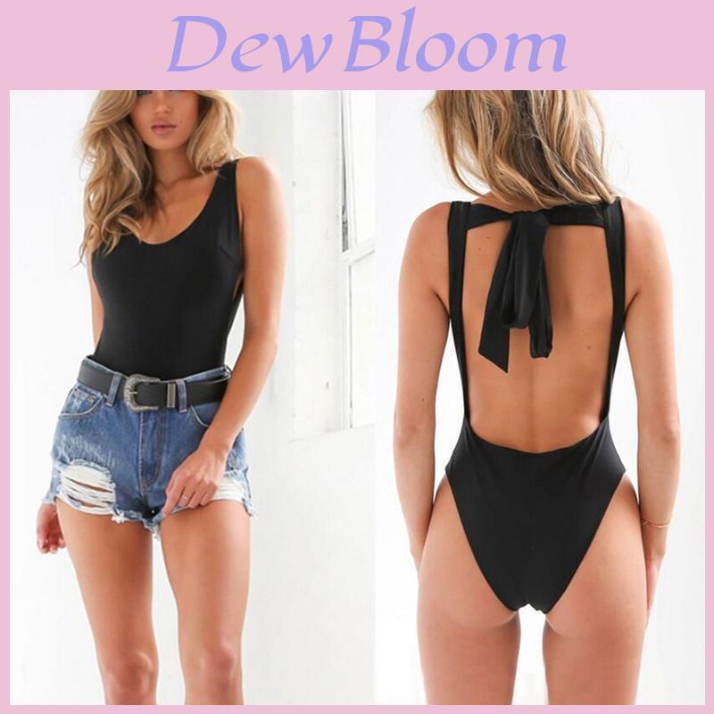 Elegant V Neck Backless Bandage Tie Knot One-piece Solid Swimsuit Swimwear For Women